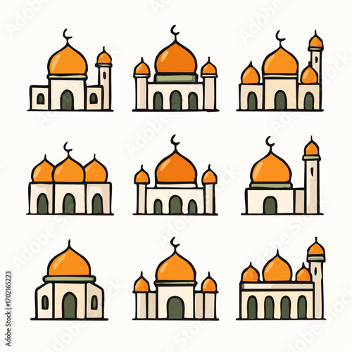 Elegant Islamic Mosque Architecture Collection with Dome and Minarets