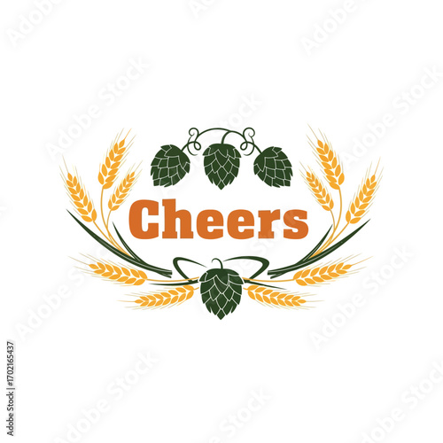 Cheers word with hops and wheat for beer or brewery design celebration vector