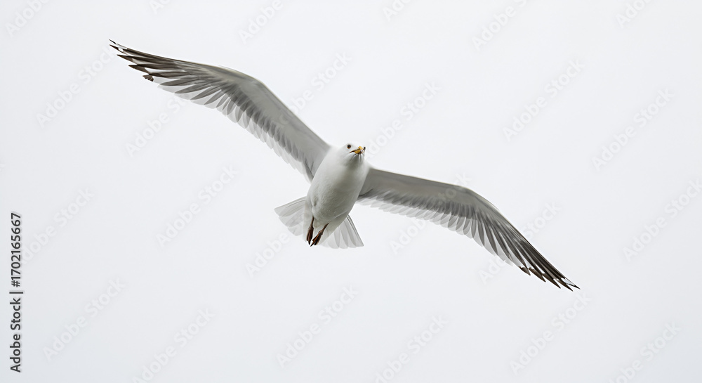 Fototapeta premium Seagull soars gracefully against a bright sky, capturing its majestic flight