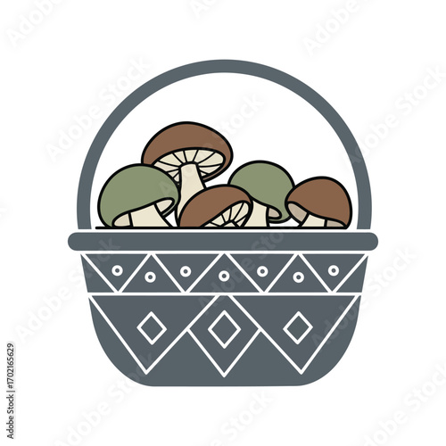 Hand drawn charming basket filled with fresh forest mushrooms ready for harvest vector