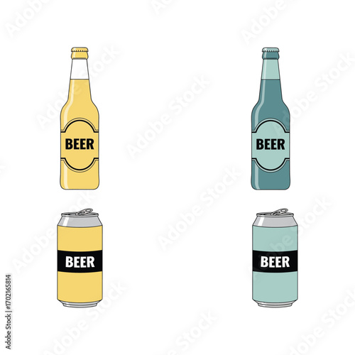 Refreshing beer bottles and cans beverage drink icons minimalist flat design vector