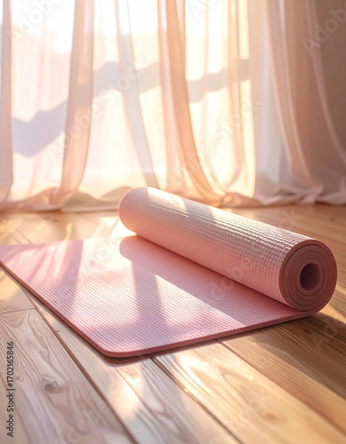 A pastel yoga mat rolled out on a wooden floor, soft morning light