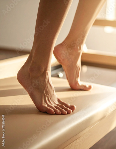 Close-up of bare feet on a Pilates reformer, with natural light and soft tones