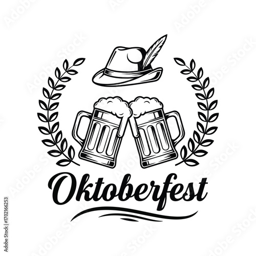Oktoberfest celebration bavarian hat beer mugs laurel wreath vintage style design element vector
