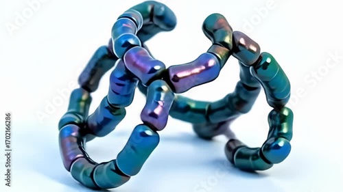 As if floating through a cosmic realm, an interlocked molecule shaped like rotating ouroboros shimmers in iridescent colors, with its elegantly articulated structure spinning at varying