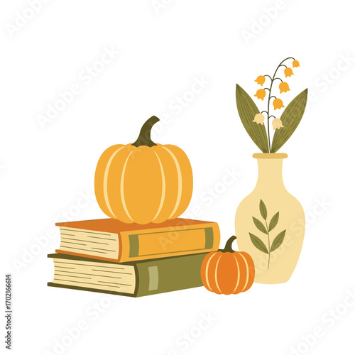 Cozy autumn harvest still life stacked books pumpkin vase flowers seasonal decor vector