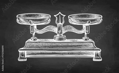 Antique balance scale with brass chalk sketch.