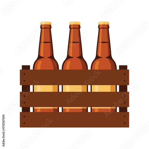 Three amber beer bottles in wooden crate isolated beverage drink container freshness refreshment vector