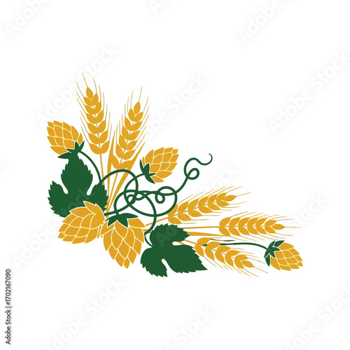 Vintage corner flourish wheat hops brewery design element autumn harvest celebration decor vector