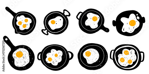 Cooked hand drawn doodle sketch egg yolk friend on frying pans set collection for recipes, flyer. Cutting board silhouettes.