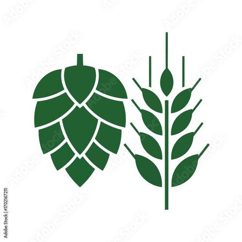 Green hop cone and wheat ear graphic symbol for brewing craft beer ingredients and food production vector