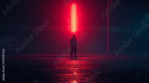 Fototapeta Naklejka Na Ścianę i Meble -  Mysterious figure under neon lights in rainy city night scene