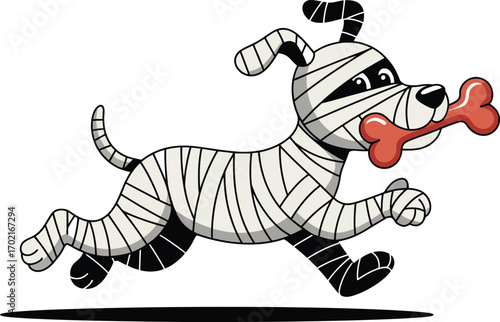 Cartoon mummy dog running with bone halloween