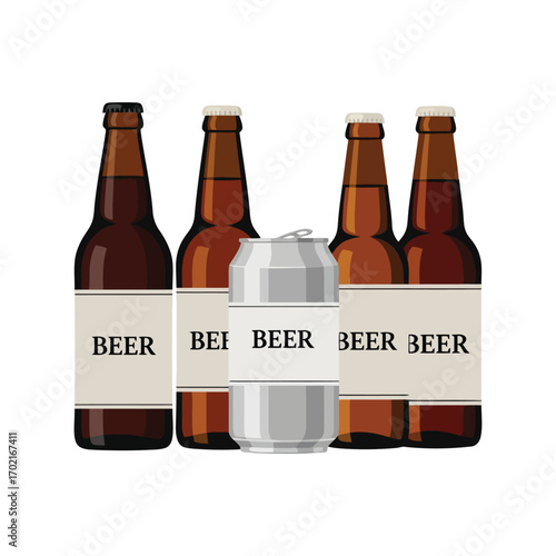 Four craft beer bottles and one aluminum can beverage refreshment vector