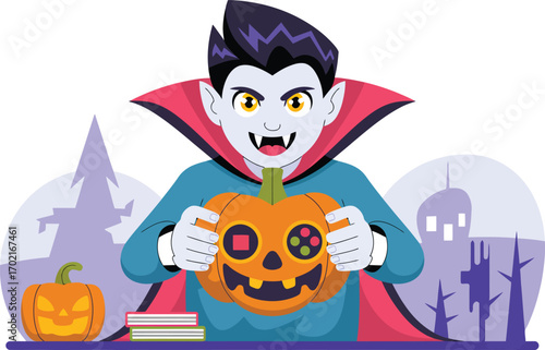 Cartoon vampire holding a jack o lantern with video game controls