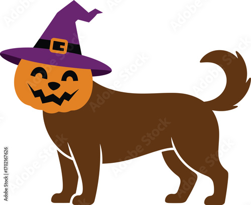 Brown dog with pumpkin head wearing witch hat halloween