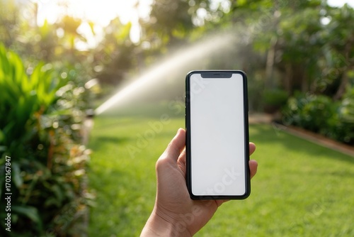 Hand holding smartphone with blank screen in garden