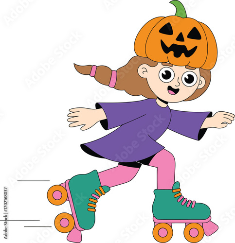 Girl with pumpkin hat roller skating child halloween