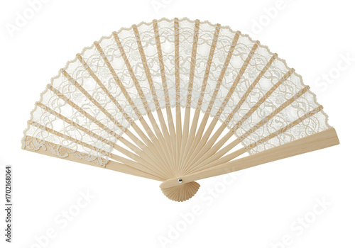 Handheld fan with lace design wooden sticks and transparent background
