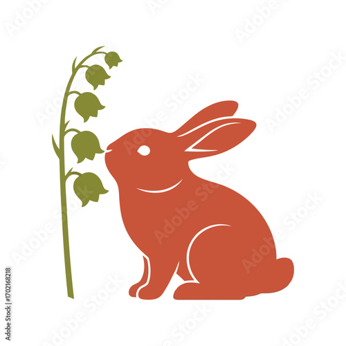 Cute orange rabbit sniffing lily of the valley flowers gentle spring illustration vector