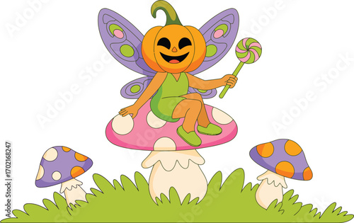 Pumpkin fairy sitting on mushroom holding lollipop