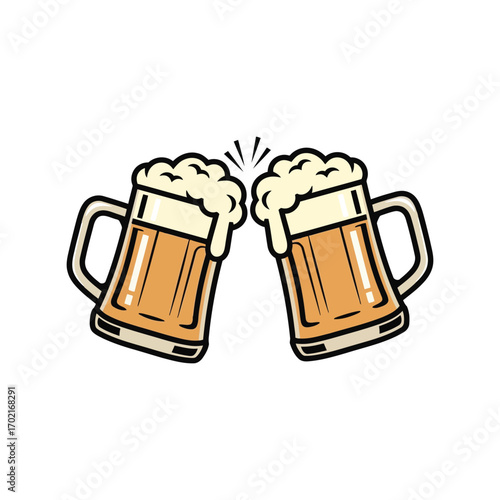 Two refreshing beer mugs clinking together celebration toasting fun hand drawn illustration vector