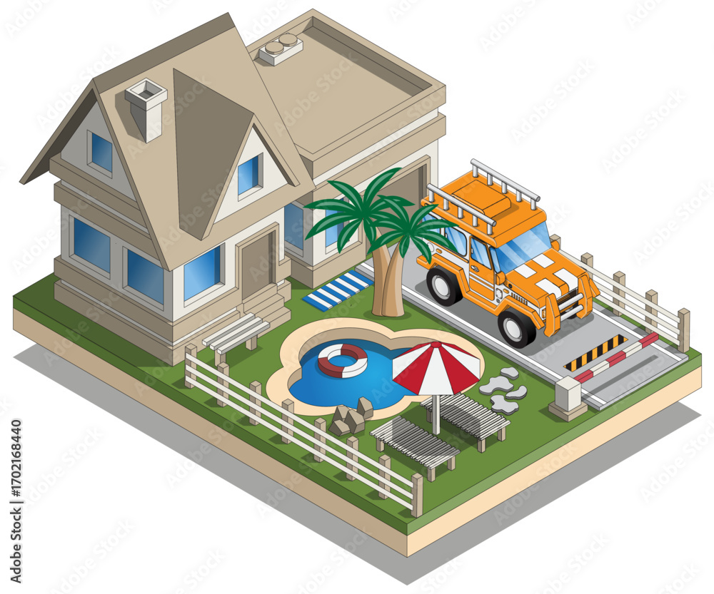 Obraz premium Private house with lawn and yard. Isometric. Isolated on white background. Vector illustration. 