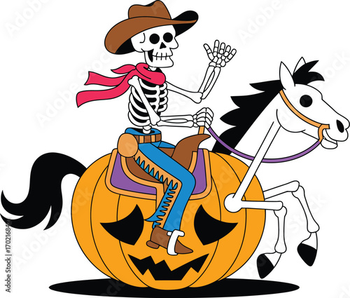 Skeleton cowboy rides horse on pumpkin halloween