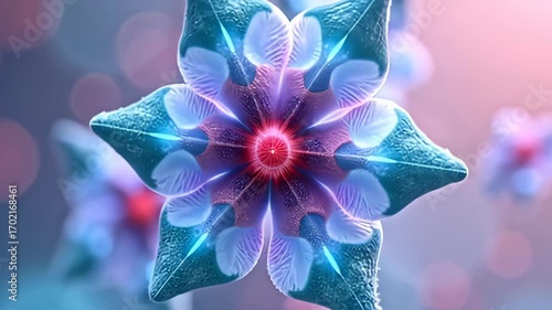 Immerse in the ethereal beauty of a symmetrical molecule floating like digital flower bloom, adorned in vibrant hues of turquoise and magenta, as it delicately unfurls against a soft pastel