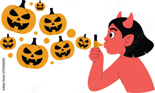 Red devil blowing pumpkins with party blower halloween