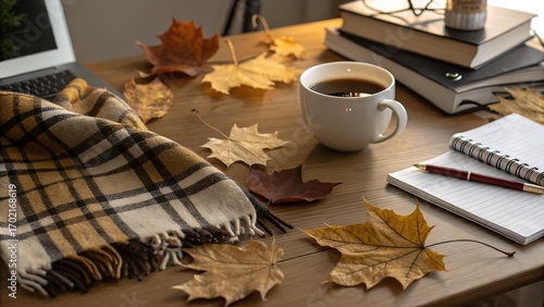 cozy autumn desk with coffee leaves blanket