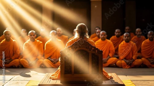 Enlightened Spiritual Master Teaches Monks in a Temple Illuminated by Divine Beams of Light