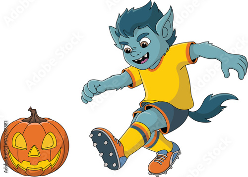 Cartoon werewolf kicking a jack-o-lantern soccer ball
