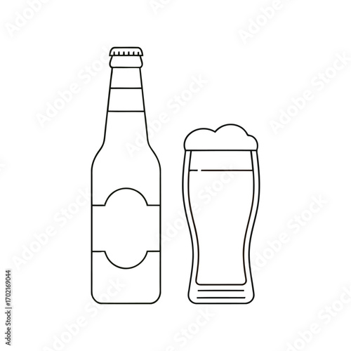 Outline beer bottle and glass with foam refreshment drink beverage alcohol graphic vector