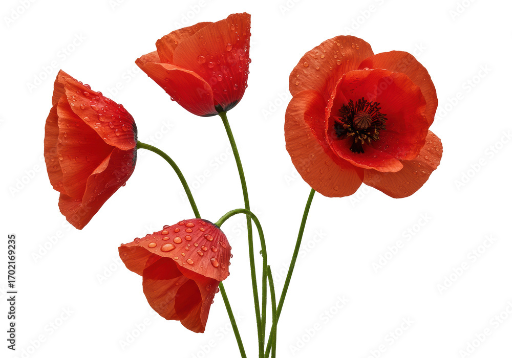Naklejka premium Four vibrant red common poppies with green stems and glistening dewdrops, one fully open with dark seed pod, against a seamless transparent studio background, 45-degree angle. Concept of pristine