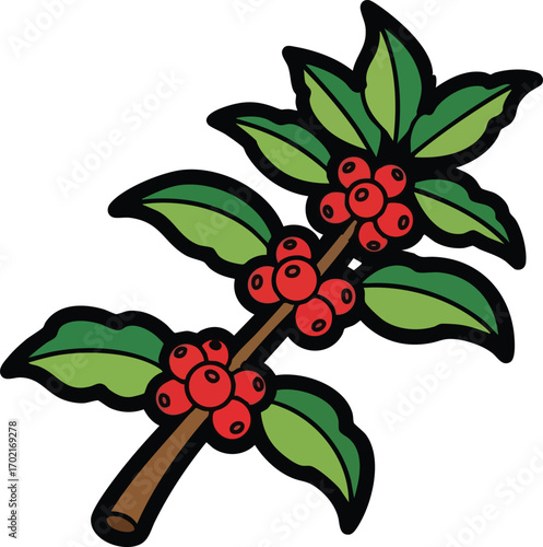 vector illustration of a coffee plant branch with leaves and beans. Ideal for organic, farm, or café designs.
