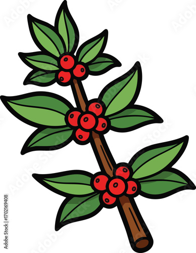 vector illustration of a coffee plant branch with leaves and beans. Ideal for organic, farm, or café designs.