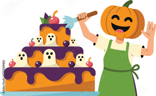 Pumpkin character decorating Halloween cake with ghosts