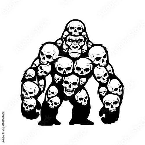 A fierce gorilla constructed of skulls with an imposing presence, embodies strength, ferocity, and the concept of power and danger. vector illustration