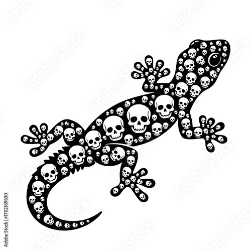 A unique, artistic illustration depicts a stylized lizard formed entirely from skulls. This eye-catching design creates a fascinating juxtaposition of the natural world and symbolic imagery.