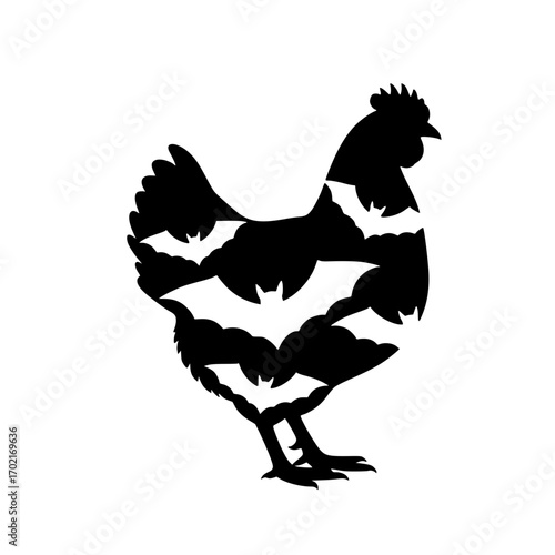 A striking illustration of a whimsical hen silhouette is intricately detailed with the design of playful bats. The black and white contrasts make it perfect for Halloween. vector illustration