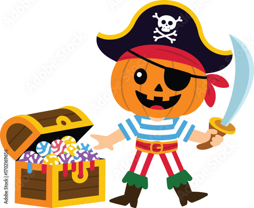 Cartoon pumpkin pirate with treasure chest and sword