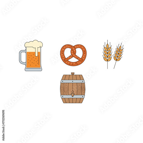 Oktoberfest beer pretzel barrel wheat celebration icons elements vector