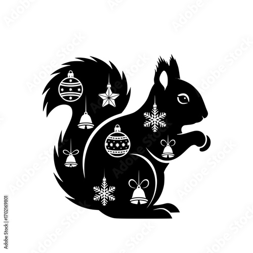 A silhouette of a squirrel is beautifully adorned with Christmas ornaments, creating a festive vector illustration