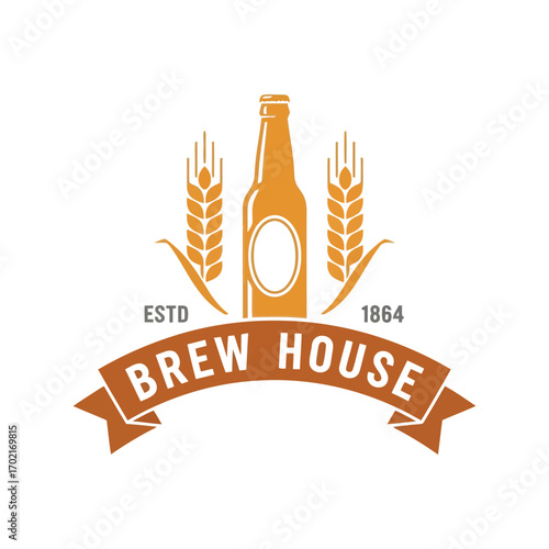 Craft beer brewery emblem design vintage style bottle wheat stems ribbon elements vector