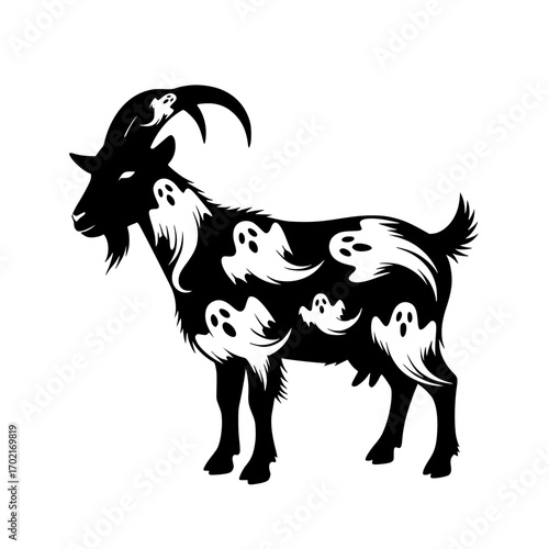 A mystical goat silhouette intricately interwoven with ghostly apparitions, exuding an enchanting allure. Capturing the Halloween spirit. vector illustration