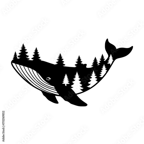An artful image of a whale silhouette, a tree silhouette forms within, conveying environmental consciousness, and a celebration of marine wildlife. vector illustration