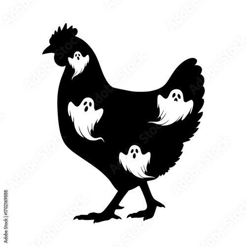 A creatively conceptual Halloween illustration featuring a chicken silhouette with spectral ghosts, the illustration captures the spooky and fun essence. 