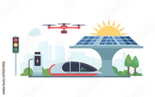 Futuristic Cityscape  Featuring Sustainable Transportation, Renewable Energy, and Modern Technology for Eco-Friendly Urban Living