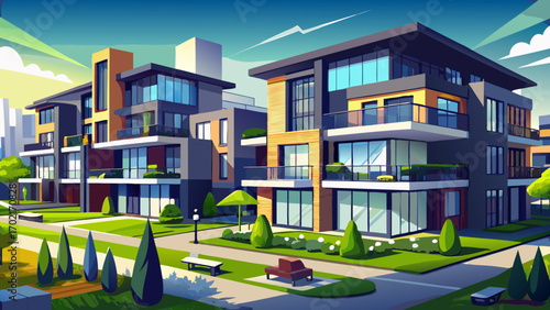 Modern apartment complex in European design, with dark gray exteriors, spacious terraces, landscaped lawns, and wide glass doors, embodying a sleek metropolitan feel and vibrant community lifestyle.